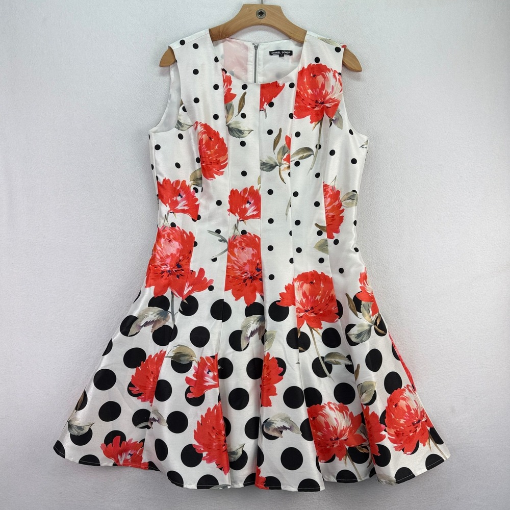 Samuel Dong Floral Polka‎ Dot Fit & Flare Party Dress White Red M